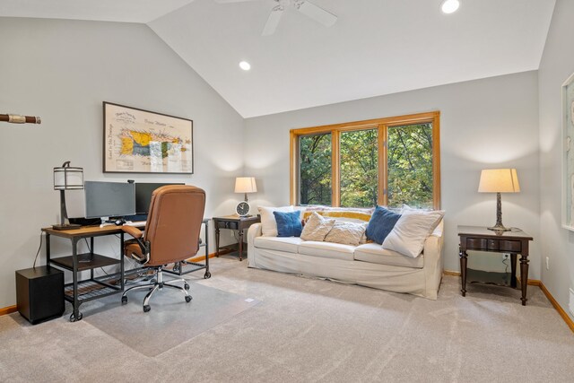 11826 Ridge View Dr, Rapid City, MI 49676 - home office with carpet flooring, baseboards, recessed lighting, and high vaulted ceiling