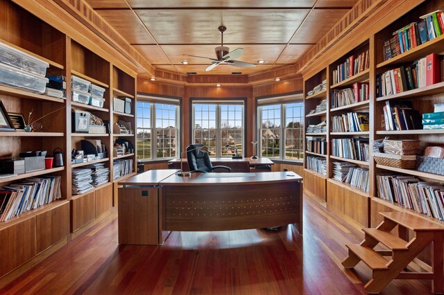 4559 Trails End Path, Saint Joseph, MI 49085 - office area with wood finished floors, a ceiling fan, wood walls, built in features, and wooden ceiling