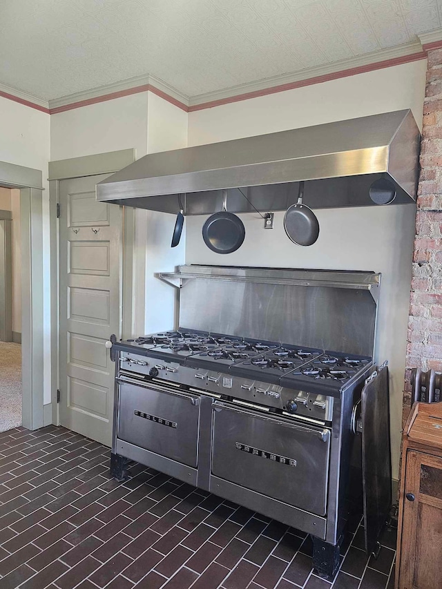 kitchen featuring stainless steel stove, range hood, and ornamental molding