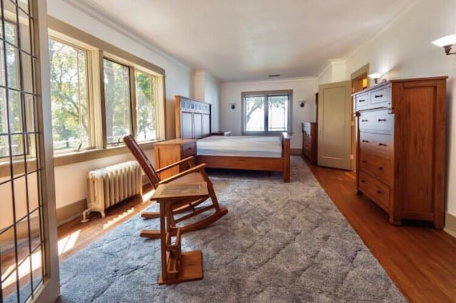 bedroom featuring hardwood / wood-style floors, radiator heating unit, ornamental molding, and multiple windows