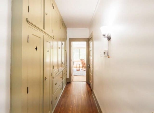 hall with dark hardwood / wood-style floors and crown molding