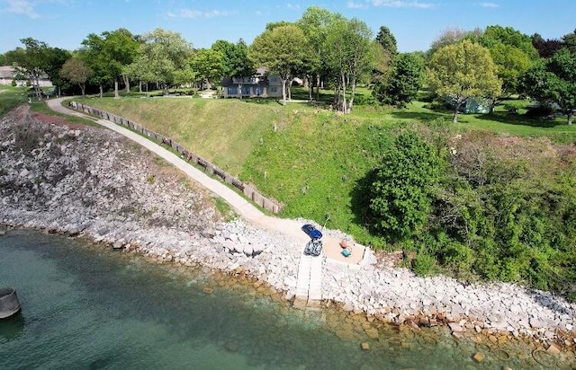 bird's eye view with a water view