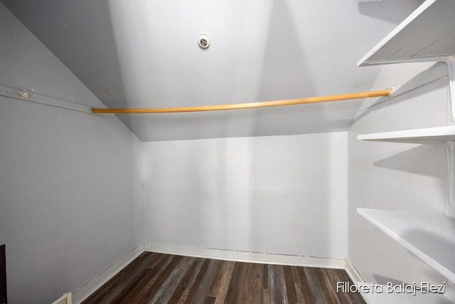 walk in closet with dark hardwood / wood-style flooring and vaulted ceiling