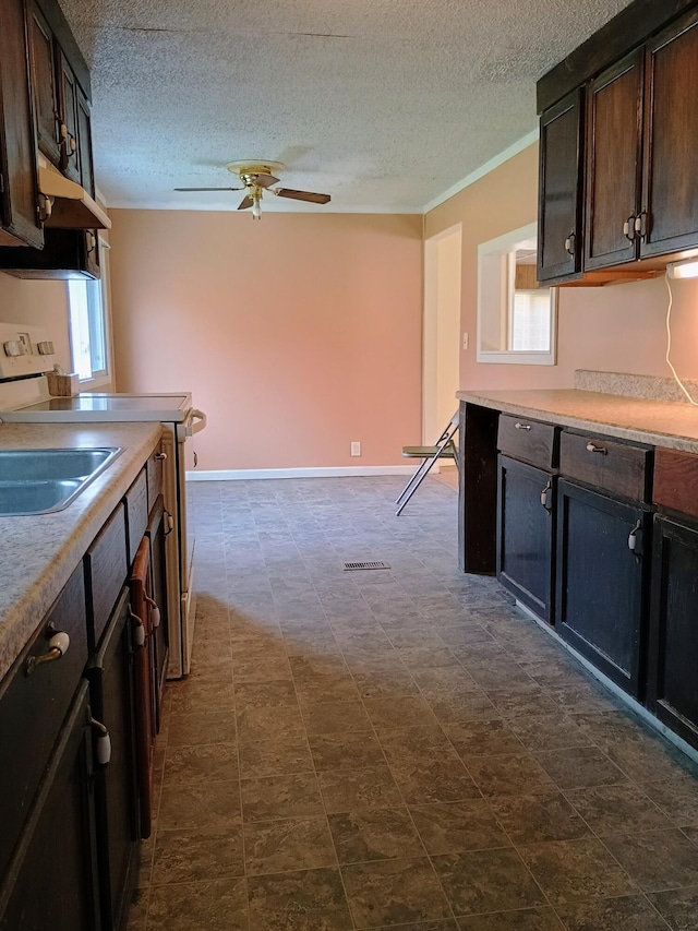 kitchen featuring ceiling fan, dark brown cabinetry, and a textured ceiling