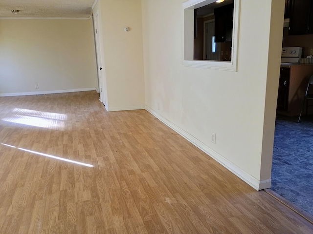 spare room with a textured ceiling and light hardwood / wood-style flooring