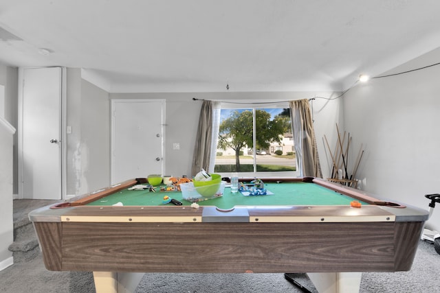 rec room with light carpet and billiards