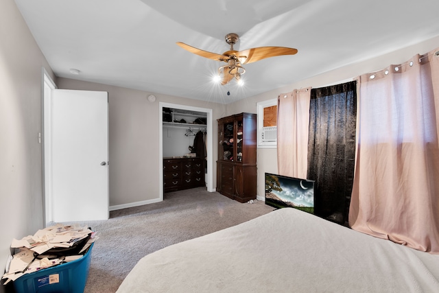 bedroom with ceiling fan, a closet, and light colored carpet