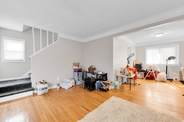 miscellaneous room featuring plenty of natural light, wood-type flooring, and a textured ceiling