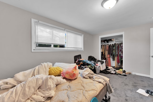 bedroom with carpet flooring and a closet