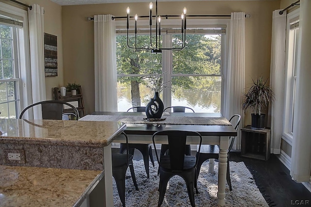 dining space with a water view, dark hardwood / wood-style floors, and a notable chandelier