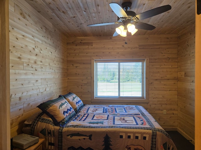 unfurnished bedroom with wooden ceiling, ceiling fan, and wooden walls