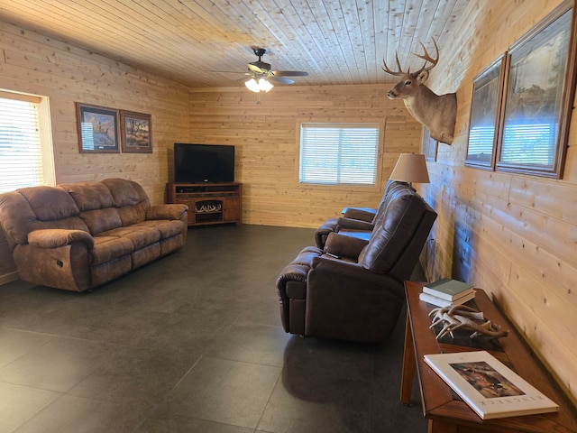 living room with ceiling fan, wooden ceiling, and wooden walls