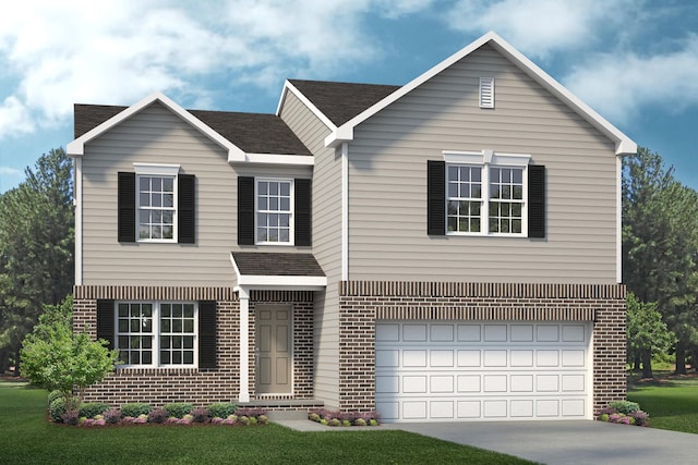 view of front of home featuring a front yard and a garage