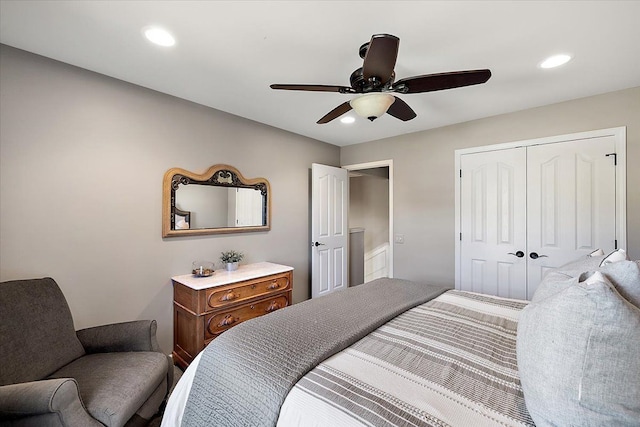 bedroom with ceiling fan and a closet