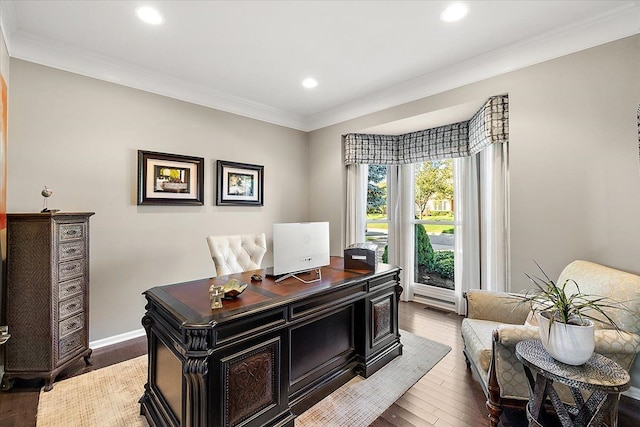 office space featuring dark hardwood / wood-style flooring and ornamental molding