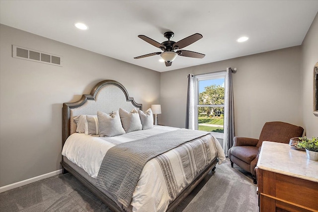 carpeted bedroom featuring recessed lighting, baseboards, visible vents, and ceiling fan