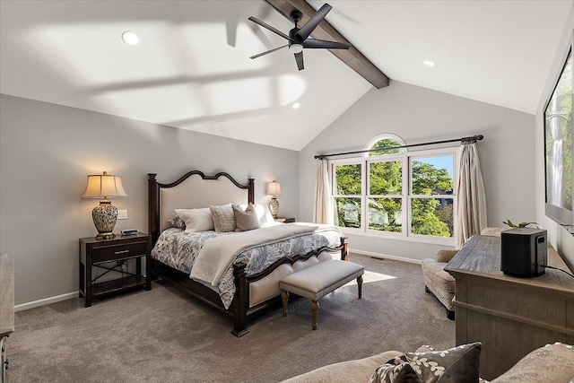 bedroom with baseboards, vaulted ceiling with beams, ceiling fan, and carpet flooring