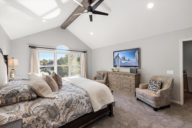 carpeted bedroom with lofted ceiling with beams and ceiling fan