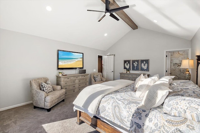 carpeted bedroom featuring recessed lighting, baseboards, a ceiling fan, and vaulted ceiling with beams