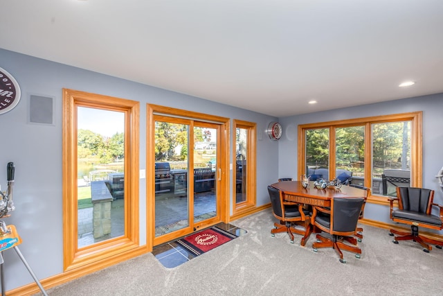 dining area with carpet flooring and a wealth of natural light