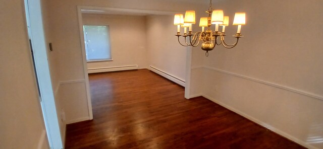 unfurnished dining area with a notable chandelier, dark hardwood / wood-style flooring, and a baseboard heating unit