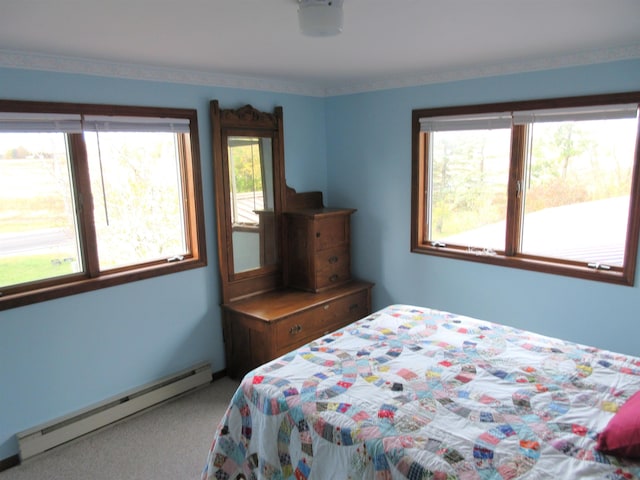 bedroom featuring carpet flooring, multiple windows, and a baseboard heating unit