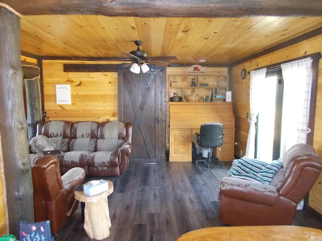 living room with wood ceiling, wood walls, ceiling fan, and dark wood-type flooring