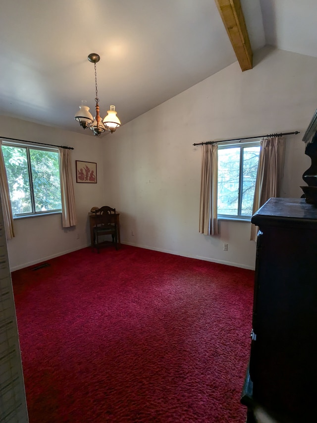 spare room with a notable chandelier, vaulted ceiling with beams, carpet floors, and a wealth of natural light