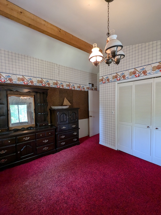 unfurnished bedroom with carpet, beamed ceiling, and a notable chandelier