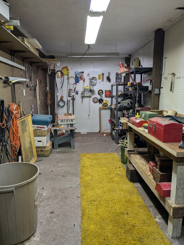 basement with a workshop area