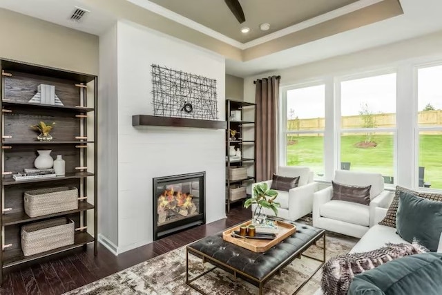 sitting room with crown molding, dark wood-type flooring, and a tray ceiling