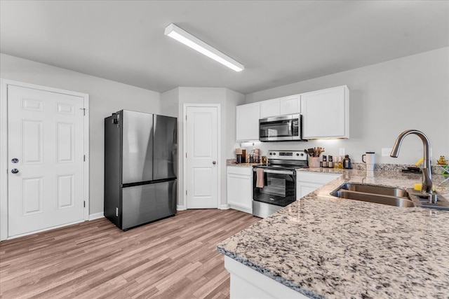 kitchen featuring sink, light wood-type flooring, light stone counters, white cabinetry, and stainless steel appliances