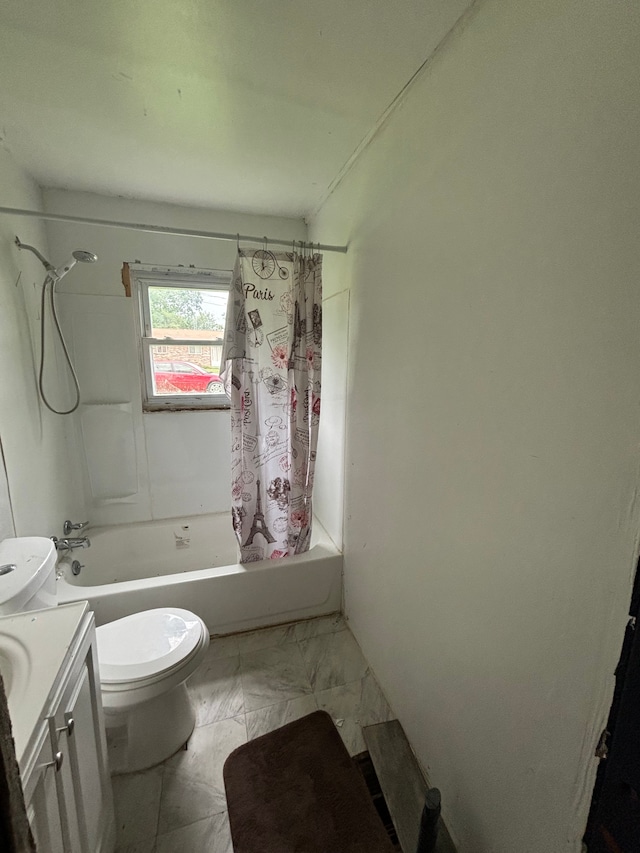 full bathroom featuring shower / tub combo, vanity, and toilet