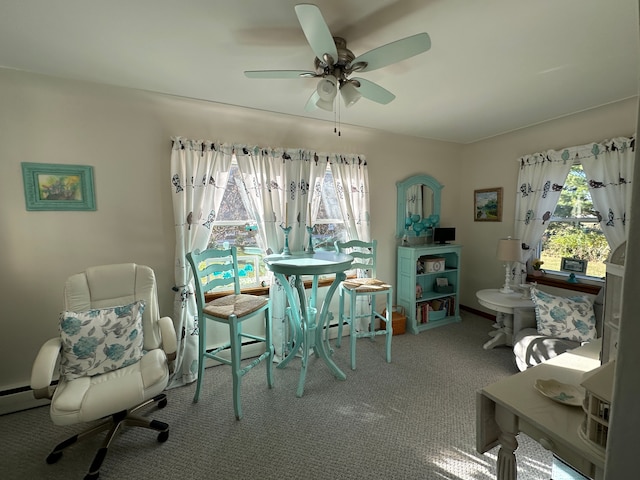 interior space with carpet and ceiling fan