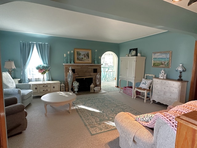 living room featuring a fireplace and carpet