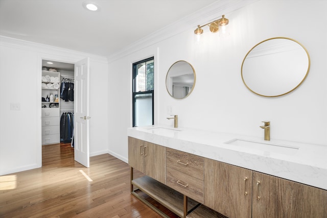 bathroom featuring vanity, hardwood / wood-style flooring, and ornamental molding