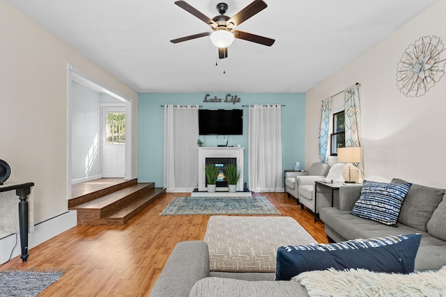 living room with ceiling fan and hardwood / wood-style floors