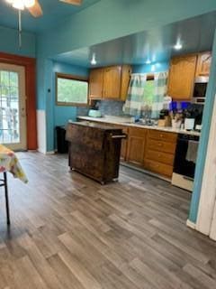 kitchen featuring hardwood / wood-style floors, a wealth of natural light, and ceiling fan