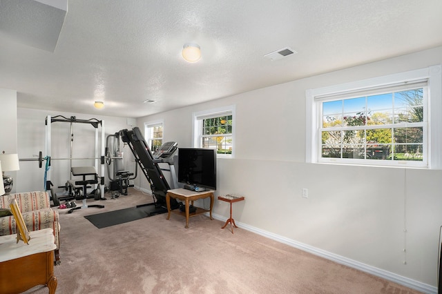 workout room featuring carpet and a textured ceiling