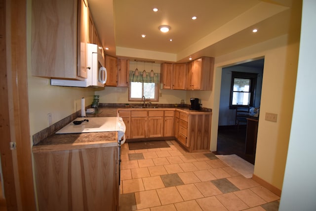 kitchen with a raised ceiling, light brown cabinetry, and sink