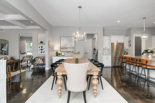 dining room with beam ceiling and dark hardwood / wood-style floors