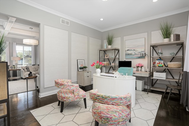 office area featuring hardwood / wood-style flooring, crown molding, beamed ceiling, and coffered ceiling