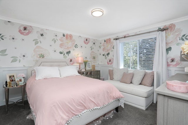 carpeted bedroom featuring crown molding