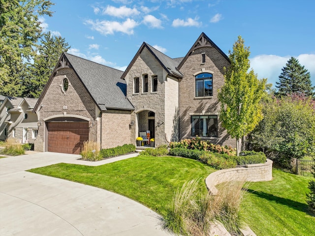 french country inspired facade featuring a front lawn