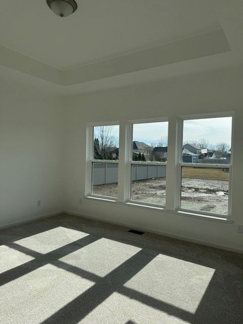 carpeted empty room with a raised ceiling and visible vents