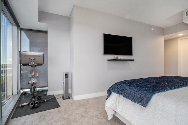 bedroom featuring multiple windows and light carpet