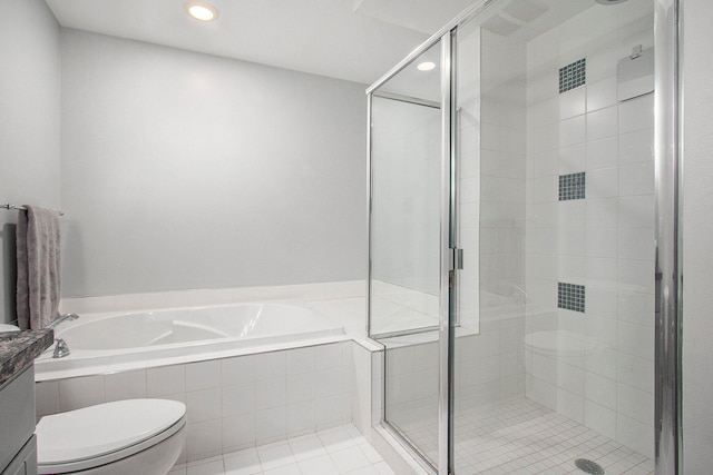 full bathroom with tile patterned floors, vanity, toilet, and shower with separate bathtub