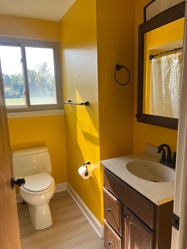 bathroom featuring toilet, vanity, and hardwood / wood-style flooring