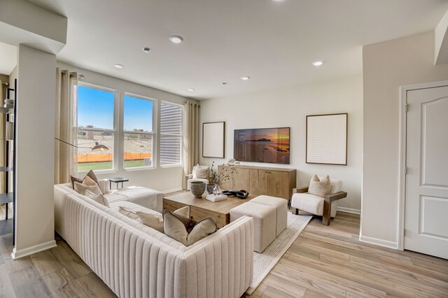 living room with light hardwood / wood-style flooring