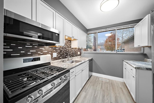 kitchen with white cabinetry, sink, stainless steel appliances, tasteful backsplash, and light hardwood / wood-style flooring